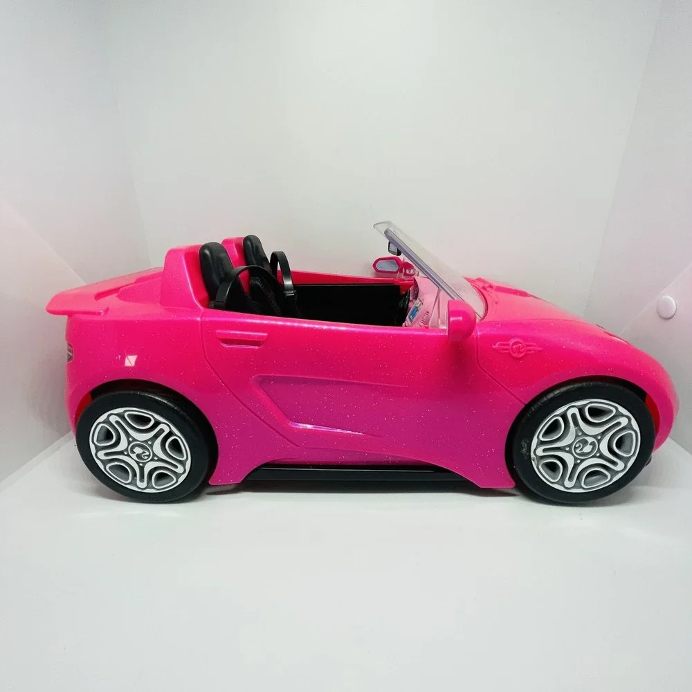 Mattel Barbie Convertible Plastic Push Car Pink Sparkle & Black Interior 2016